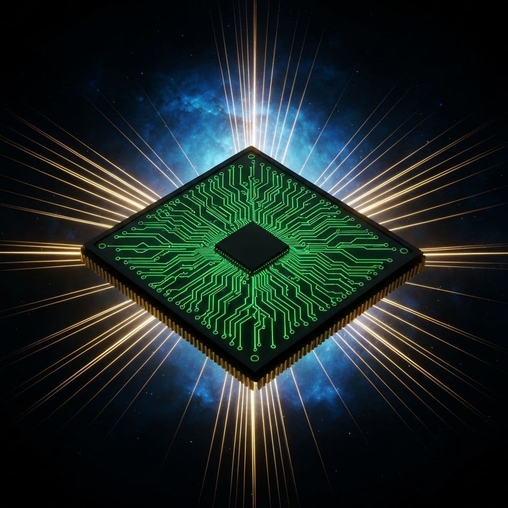 NVIDIA-inspired quantum computing processor glowing with green circuit traces and golden energy beams in deep space